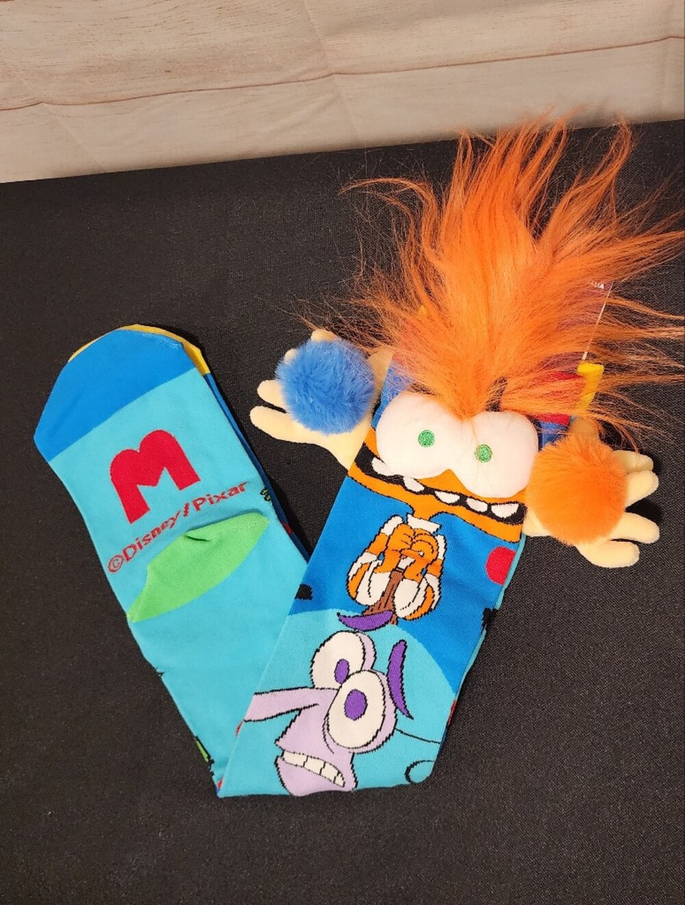 Inside Out Cartoon Crew Socks with Orange Plush Accent